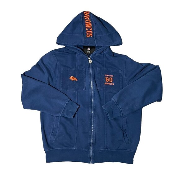 Denver Broncos Full Zip Hoodie Blue Orange Chest Pockets NFL Pro Line Men's L - Picture 1 of 9